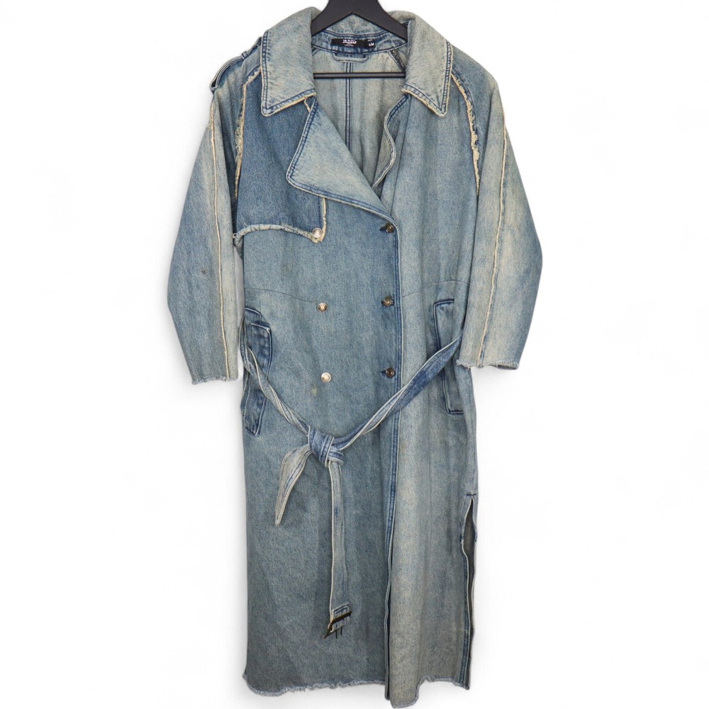 Jaded London Denim Belted Trench Coat Womens S Blue Distressed Longline Jacket